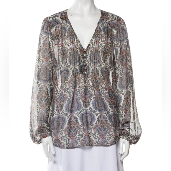 VERONICA BEARD Lowell Paisley Pin Tuck Long Sleeve Blouse Size 4 - Picture 2 of 13